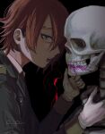  1boy black_background black_jacket blood from_side gloves grey_eyes hands_up highres jacket long_sleeves looking_at_viewer male_focus master_detective_archives:_rain_code open_mouth pink_blood red_hair shirt short_hair skeleton solo sumi_(o_ooov) twitter_username upper_body white_gloves white_shirt yomi_hellsmile 