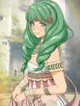  1girl alternate_costume bare_shoulders breasts dancer_(three_houses) drill_hair fire_emblem fire_emblem:_three_houses flayn_(fire_emblem) green_eyes green_hair hair_ornament hairclip highres looking_at_viewer mayan_someya medium_breasts outdoors solo swept_bangs twin_drills 