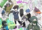  6+boys :d alternate_costume amami_rantaro annoyed antenna_hair black_neckerchief black_pants black_sweater blue_headwear brown_headwear brown_shorts crossed_arms crown danganronpa_(series) danganronpa_v3:_killing_harmony earrings facial_hair glasses goatee gokuhara_gonta green_hair green_mask grin gun handgun helmet highres holding holding_gun holding_weapon hoshi_ryoma jewelry k1-b0 long_sleeves mask momota_kaito mouth_mask multiple_boys neckerchief oma_kokichi pants reference_request round_eyewear saihara_shuichi sailor_collar shachoo_(poco_poco) shinguji_korekiyo shoes short_hair shorts simple_background smile speech_bubble spiked_hair sweater teeth translation_request upper_teeth_only weapon white_background 