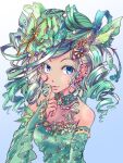  1girl aged_up ayamel_1228 blue_eyes borrowed_design breasts closed_mouth detached_sleeves earrings final_fantasy final_fantasy_iv green_hair hair_ornament highres jewelry lips long_hair looking_at_viewer nail_polish redesign rydia_(ff4) simple_background smile solo 