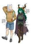  1boy 1girl absurdres adventure_time backpack bag blonde_hair blush boots breasts cape colored_skin domino_mask english_commentary english_text finn_the_human flying_sweatdrops green_eyes green_hair green_skin green_tunic hair_branch highres hood hood_up hoodie horns horns_through_headwear huntress_wizard knee_boots large_breasts leaf long_hair mask nia_(nia4294) open_mouth plant_hair scar scar_on_leg shorts simple_background smile speech_bubble tunic white_background 