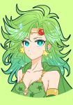  1girl aged_up breasts cape closed_mouth collarbone detached_sleeves earrings final_fantasy final_fantasy_iv green_eyes green_hair hair_ornament jewelry long_hair looking_at_viewer rydia_(ff4) sa_kichi simple_background solo star_(symbol) star_earrings 