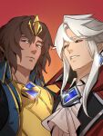  2boys black_sclera blue_eyes brown_hair closed_mouth collared_shirt colored_sclera frown gem gradient_background grey_shirt hair_between_eyes highres king_viego league_of_legends long_hair male_focus multiple_boys red_background red_eyes shirt short_hair teeth uncle_and_nephew upper_body viego_(league_of_legends) viegoletmefu vladimir_(league_of_legends) white_hair 