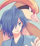  1boy bird blue_eyes blue_hair bright_pupils closed_mouth commentary_request falkner_(pokemon) green_background hair_over_one_eye hand_up highres jacket japanese_clothes kimono komasawa_(fmn-ppp) looking_to_the_side male_focus open_clothes open_jacket pidgeot pokemon pokemon_(creature) pokemon_(game) pokemon_hgss short_hair smile 