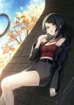  1girl bang_dream! bang_dream!_it&#039;s_mygo!!!!! black_hair black_skirt breasts choker cleavage covered_navel green_eyes highres jacket looking_at_viewer medium_hair miniskirt off_shoulder open_mouth pencil_skirt red_tube_top sanmi_3 skirt strapless tube_top yahata_umiri 