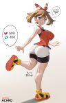  1girl achromaru artist_name blue_eyes breasts brown_hair facing_away heart highres large_breasts looking_at_viewer looking_back may_(pokemon) medium_hair meme no_bra open_mouth patreon_username pokemon pokemon_(game) pokemon_rse red_shirt shirt shoes short_shorts shorts simple_background sleeveless solo speech_bubble teeth twitter_strip_game_(meme) upper_teeth_only watermark white_background white_shorts 