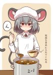  1girl alternate_costume animal_ears annoyed apron arrow_(symbol) border bowl carrot carrot_slice chef chef_hat cooking_pot grey_hair hat highres holding holding_bowl holding_ladle ladle looking_at_viewer mouse_ears mouse_girl mouse_tail nazrin potato red_eyes shirt shitacemayo solo speech_bubble stew tail touhou translation_request white_apron white_border white_headwear white_shirt yellow_background 