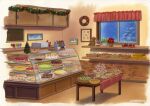  bakery cabinet cake christmas cupcake curtains dessert display display_case food highres indoors interior no_humans original shop snowing stuffed_animal stuffed_toy sunrise_arte tart_(food) teddy_bear window 