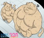  2023 96panda anthro belly big_belly bodily_fluids duo eyes_closed felid genital_fluids genitals hi_res japanese_text kemono male mammal minichin_chubby_day moobs navel nipples overweight overweight_male pantherine peeing penis small_penis text tiger urine young 