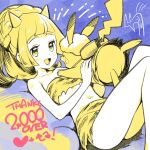  1girl :d alternate_costume blonde_hair blush braid clothed_pokemon eyelashes highres holding holding_pokemon horns kinocopro lillie_(pokemon) long_hair milestone_celebration navel open_mouth pikachu pokemon pokemon_(creature) pokemon_sm shirt skirt smile thank_you yellow_eyes yellow_pupils yellow_shirt yellow_skirt 