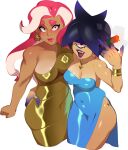  2girls absurdres arm_around_waist bare_shoulders black_hair blue_dress blue_hair bracelet breasts brown_eyes cigar cleavage combos_&amp;_doodles covered_navel dress earrings gold_dress gradient_hair highres holding holding_cigar hoop_earrings jewelry large_breasts long_hair looking_at_viewer medium_breasts multicolored_hair multiple_girls octoling one-eyed open_mouth pink_hair ring simple_background sleeveless splatoon_(series) strapless strapless_dress takoko_yakisoba_(combos_&amp;_doodles) tentacle_hair tight_clothes two-tone_hair white_background 
