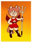  amy_(creator_ant) anthro boots breasts cleavage_cutout clothed clothing creator_ant devil_costume domestic_cat dress felid feline felis female footwear hi_res horn mammal melee_weapon polearm simple_background smile solo teeth trident under_boob weapon wings 
