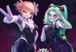  2girls blue_bag bodysuit boku_no_hero_academia cosplay cyberpunk_(series) cyberpunk_edgerunners earrings galaxy_background jewelry lucy_(cyberpunk) marvel multiple_girls necktie one_eye_closed peni_parker peni_parker_(cosplay) spider-gwen spider-gwen_(cosplay) spider-man:_across_the_spider-verse spider-man:_into_the_spider-verse spider-man_(series) spider-verse toga_himiko unusualpie v 