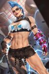  1girl black_bra black_nails blue_hair blurry blurry_background bra braid brown_gloves brown_shorts collar cowboy_shot crop_top earrings electricity facial_mark fingerless_gloves fishnet_pantyhose fishnets gauntlets gloves highres holding holding_weapon jewelry junker_queen_(overwatch) lip_piercing mohawk muscular muscular_female navel neoartcore overwatch overwatch_2 pantyhose patreon_username piercing red_eyes shirt short_shorts shorts single_gauntlet single_leg_pantyhose studded_armlet studded_collar toned torn_clothes torn_pantyhose torn_shirt underwear weapon white_shirt 