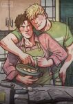  2boys apron arm_around_shoulder bad_id bad_tumblr_id bara black_hair blonde_hair blush book collared_shirt cooking couple cris_art ear_piercing green_apron hand_on_own_hip hulkling kitchen leaning_on_person male_focus marvel multiple_boys nervous open_book pectorals piercing seductive_smile shirt short_hair sideburns smile thick_eyebrows toned toned_male upper_body wavy_mouth wiccan yaoi 