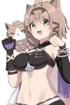  1girl absurdres animal_ears animal_on_shoulder bangle bikini bikini_top_only black_gloves blue_eyes bracelet brown_hair can_(honkai_impact) cat cat_ears cat_on_shoulder commentary detached_sleeves fang gloves green_eyes heterochromia highres honkai_(series) honkai_impact_3rd jewelry linea_alba marin_liekuriva_(mmliku) navel open_mouth pardofelis_(honkai_impact) simple_background single_detached_sleeve single_glove solo swimsuit upper_body white_background 