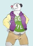  2017 anthro belly blue_background bottomwear brown_bottomwear brown_clothing clothed clothing didelphid digital_drawing_(artwork) digital_media_(artwork) english_text fangs front_view fur green_clothing green_topwear hand_on_hip hi_res hoodie looking_at_viewer male mammal marsupial midriff muffin_top musical_note neck_tuft nobodyshouse open_clothing pin_accessory portrait possum purple_clothing purple_topwear scar sharp_teeth shirt shorts simple_background slightly_chubby smile solo standing teeth text text_on_clothing text_on_shirt text_on_topwear three-quarter_portrait tongue tongue_out topwear tuft unbuttoned underwear virginia_opossum white_body white_fur 