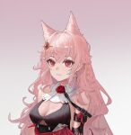 1girl absurdres animal_ear_fluff animal_ears arknights bare_shoulders bikini bikini_top_only black_bikini breasts cleavage closed_mouth earrings extra_ears flower gradient_background hair_ornament highres jewelry large_breasts long_hair nutnutbunny pink_background pink_hair pozyomka_(arknights) red_eyes red_flower red_rose rose swimsuit upper_body very_long_hair white_background wolf_ears 
