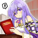 ! 1girl bare_shoulders book breasts cape circlet dress eating fire_emblem fire_emblem:_genealogy_of_the_holy_war holding holding_book julia_(fire_emblem) long_hair looking_at_viewer purple_cape purple_eyes purple_hair sitting solo spoken_exclamation_mark wide_sleeves wrapper yukia_(firstaid0) 