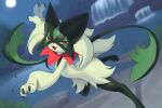  ambiguous_gender claws dancing feral generation_9_pokemon hi_res inkune leaf looking_at_viewer mask meowscarada moon night nintendo open_mouth outside pokemon pokemon_(species) sky smile solo teeth waterfall 