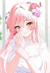  1girl blush bug butterfly earrings flower hair_flower hair_ornament highres idolmaster idolmaster_cinderella_girls jewelry jougasaki_mika long_hair pink_butterfly pink_flower pink_hair see-through see-through_sleeves short_sleeves smile solo sutoroa 