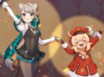  2girls :d ^_^ absurdres ahoge animal_ear_fluff animal_ears arm_up backpack bag bow braid brown_gloves cabbie_hat cat_ears cat_girl cat_tail closed_eyes coat commentary_request confetti forehead genshin_impact gloves grey_hair hair_between_eyes hair_bow hair_ribbon hat hat_feather hat_ornament height_difference highres klee_(genshin_impact) light_brown_hair long_hair long_sleeves looking_at_viewer low_ponytail low_twintails lynette_(genshin_impact) multiple_girls nami_harakamiaka parted_bangs parted_lips pocket pointy_ears purple_eyes red_coat red_headwear ribbon sidelocks single_braid smile star_tattoo tail tattoo twintails two-tone_gloves 