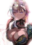  1girl absurdres armor bandaged_head bandages blue_eyes blush breasts cleavage crying crying_with_eyes_open goddess_of_victory:_nikke grey_hair hair_ribbon heterochromia highres large_breasts looking_at_viewer modernia_(nikke) ribbon shoulder_armor solo tears upper_body velceed white_background 