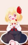  1girl absurdres antennae black_vest blonde_hair doll fang fumo_(doll) hair_ribbon highres holding holding_doll looking_at_viewer open_mouth red_eyes ribbon rumia short_hair skirt skirt_set solo touhou vest 