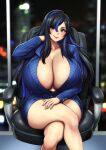  bare_legs black_hair blue_eyes blue_jacket blue_skirt borrowed_character breasts cleavage erkaz feet_out_of_frame formal hand_up highres huge_breasts jacket long_sleeves looking_at_viewer multicolored_hair office_lady original pinstripe_pattern pinstripe_suit sitting skirt smile streaked_hair striped suit two-tone_hair window 