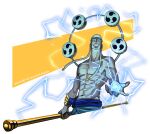  1boy abs bandana cropped_legs devil_fruit_power earrings electricity electrokinesis enel evil_smile gold head_tilt highres holding holding_polearm holding_weapon jewelry keysandcrosses long_neck looking_at_viewer male_focus multicolored_hair muscular muscular_male one_piece pectorals polearm sanpaku smile solo topless_male tsurime two-tone_hair weapon 