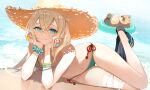  1girl aqua_bikini aqua_eyes bandaged_leg bandages beach bikini bikini_day blonde_hair blush bracelet cowengium hair_between_eyes hands_on_own_face hat hololive inflatable_toy jewelry kazama_iroha long_hair looking_at_viewer lying on_side pants_around_one_leg pokobee sandals scrunchie straw_hat swimsuit virtual_youtuber wrist_scrunchie 