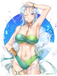  1girl absurdres alternate_costume arm_up armpits bikini blue_eyes blue_hair breasts cleavage cloud earrings echidna_(fire_emblem) fire_emblem fire_emblem:_the_binding_blade green_bikini hand_on_own_head hand_on_own_hip highres jewelry large_breasts looking_at_viewer navel one_eye_closed smile strapless strapless_bikini swimsuit tsukimura_(d24f4z8j3t) 