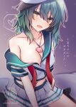  1girl :d areola_slip black_socks breasts collarbone commentary_request content_rating cover cover_page cropped_shirt dark_green_hair doujin_cover green_eyes green_sailor_collar hair_between_eyes heart heart_pendant heterochromia highres kantai_collection kiso_(kancolle) kiso_kai_ni_(kancolle) kneehighs large_breasts long_hair looking_at_viewer midriff miniskirt navel neckerchief off_shoulder pleated_skirt red_neckerchief sailor_collar scar scar_across_eye school_uniform serafuku shirt sitting skirt smile socks solo spoken_heart suzuaki_(angelic-sh) wariza white_headwear white_shirt white_skirt yellow_eyes 