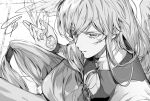  1boy cardcaptor_sakura closed_mouth crystal expressionless feathered_wings gem greyscale hair_between_eyes holding holding_gem long_hair long_sleeves looking_at_viewer low-tied_long_hair male_focus monochrome robe sett signature solo tcb upper_body very_long_hair wings yue_(cardcaptor_sakura) 