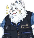 anthro bandage bandage_on_face belly blue_eyes blush canid canine canis clothing domestic_dog fur hi_res jewelry jinbe_001 lifewonders live_a_hero male mammal necklace nordic_sled_dog overweight samoyed solo spitz topwear vest white_body white_fur yohack 