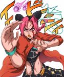  1girl black_hair blood blood_on_face butterfly_tattoo cone_hair_bun cowboy_shot double_bun fighting_stance foreshortening hair_bun highres jojo_no_kimyou_na_bouken kristallion kujo_jolyne lipstick long_hair makeup meteor meteor_shower midriff multicolored_hair red_eyes red_hair sound_effects spider_web_print stone_ocean string tattoo two-tone_hair wristband 