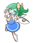  1girl :d aqua_eyes ascot barefoot blue_sky blue_vest bow collared_shirt daiyousei fairy_wings full_moon green_hair hair_bow index_finger_raised looking_at_viewer moon open_mouth parody puyopuyo shinmon_akika shirt short_sleeves side_ponytail simple_background sky smile solo style_parody touhou vest white_background white_shirt wings yellow_ascot yellow_bow 