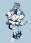  1girl absurdres animal_ear_fluff animal_ears black_eyes blue_background blue_bow blue_bowtie blue_footwear blue_fur blue_hair blue_theme body_fur bow bowtie bright_pupils cat_ears cat_girl cat_tail collared_jacket commentary diamond-shaped_pupils diamond_(shape) drawstring fewer_digits footwear_bow frilled_hairband frills full_body furry furry_female hair_bow hairband highres jacket long_hair long_sleeves open_clothes open_jacket original puffy_long_sleeves puffy_sleeves shiiorina shoes simple_background skirt sneakers solo standing symbol-only_commentary symbol-shaped_pupils tail thighhighs whiskers white_jacket white_pupils white_skirt white_thighhighs wide-eyed zipper 