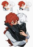  2girls ahoge arms_around_neck black_jacket collared_shirt commentary_request dark-skinned_female dark_skin flying_sweatdrops green_eyes gundam gundam_suisei_no_majo hand_on_another&#039;s_back highres hug jacket jewelry jia_ma long_hair long_sleeves miorine_rembran multiple_girls official_alternate_hairstyle red_hair ring shirt short_hair simple_background suletta_mercury tearing_up tears thick_eyebrows wedding_ring white_background white_shirt wife_and_wife yuri 