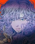  1boy androgynous armor berserk blue_eyes close-up closed_mouth griffith_(berserk) lips long_hair looking_at_viewer male_focus nisino2222 red_background solo wavy_hair white_hair 