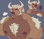  2021 2_horns anthro big_biceps big_deltoids big_pecs blonde_hair bovid bovine breath_cloud brown_body brown_fur brown_nipples cattle chest_tuft cutaway facial_hair facial_piercing fur goatee hair hi_res horn juggermelon laugh looking_at_viewer male mammal muscular muscular_anthro muscular_male nipples nose_piercing nose_ring obliques one_eye_closed pecs piercing ring_piercing septum_piercing septum_ring shoulder_tuft sideburns smile solo tuft white_horn 