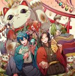  1girl 4boys :d ^_^ ahoge animal_ears animal_on_shoulder aqua_eyes bachi banner beckoning black_hair black_kimono blue_eyes blue_hair blue_jacket brown_hair brown_kimono cat cat_boy cat_ears cat_girl cat_mask cat_tail claw_pose closed_eyes coin cushion fang floral_print flower folding_fan full_body glasses gold gradient_background green_eyes green_jacket green_sleeves grey_hakama grey_kimono hair_between_eyes hair_bun hair_flower hair_ornament hair_over_one_eye hakama hakama_pants half_updo hand_fan haori haori_himo highres holding holding_fan holding_instrument holding_mask holding_plectrum houndstooth instrument jacket japanese_clothes kemonomimi_mode kimono knee_up koban_(gold) lain_paterson lantern leos_vincent light_particles long_hair long_sleeves looking_at_viewer mameneko_(leos_vincent) maneki-neko mask money_rain monocle multicolored_hair multiple_boys new_year nijisanji nobori obi oliver_evans orange_background oversized_object pants paper_lantern parted_bangs plectrum print_jacket print_kimono red_eyeliner red_hair red_hakama red_jacket red_sash red_socks rope rose_print saegusa_akina sash seigaiha seiza shamisen shellin_burgundy shide shimenawa single_hair_bun sitting smile socks stack streaked_hair striped striped_kimono tabi tail tassel tatami teeth torii uneven_eyes upper_teeth_only vertical-striped_kimono vertical_stripes virtual_youtuber white_socks yagasuri yamagishi-sota yellow_eyes yellow_sash zabuton zouri 