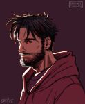  1boy aged_up bad_id bad_tumblr_id bara beard black_hair brown_theme cris_art facial_hair from_side hood hooded_jacket jacket looking_at_another male_focus marvel mature_male mustache portrait short_hair sideburns solo thick_eyebrows wiccan 