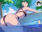  1boy 1girl absurdres arm_rest ass bikini black_bikini blue_sky breasts bubble closed_mouth cloud curly_hair daniel_deves day fubuki_(one-punch_man) green_eyes green_hair highres looking_to_the_side one-punch_man outdoors pool saitama_(one-punch_man) short_hair sky small_breasts snorkel solo_focus spoken_character swimsuit tatsumaki tree water wet 