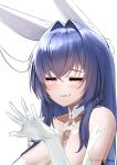  1girl :3 =_= absurdres animal_ears azur_lane bare_shoulders blue_hair blush breasts bride cleavage closed_eyes closed_mouth collarbone commentary dress fake_animal_ears glint gloves hair_between_eyes hair_intakes hand_up highres irkawaza jewelry large_breasts long_hair new_jersey_(azur_lane) new_jersey_(snow-white_ceremony)_(azur_lane) official_alternate_costume rabbit_ears ring sidelocks simple_background sleeveless sleeveless_dress smile smug solo twitter_username upper_body wedding_dress wedding_ring white_background white_dress white_gloves 
