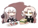  2girls aug_(girls&#039;_frontline) black_jacket blonde_hair blush bread broccoli chibi closed_eyes closed_mouth commentary cross_hair_ornament cutting egg_(food) expressionless eyes_visible_through_hair floppy_disk flower food fur_trim girls&#039;_frontline hair_between_eyes hair_flower hair_ornament hair_over_one_eye holding holding_knife holding_spork jacket kar98k_(girls&#039;_frontline) knife lettuce long_hair long_sleeves madcore multiple_girls plate sandwich simple_background smile square table u_u what white_hair yellow_eyes 