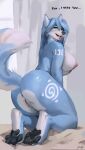  2023 4_toes anthro anus arm_markings big_breasts black_nose black_pawpads blue_body blue_fur blue_hair blush breasts butt canid canine claws dialogue english_text fangs feet female fox fur genitals hair hi_res hindpaw in_heat juiceps krystal leg_markings looking_at_viewer looking_back looking_back_at_viewer mammal markings multicolored_body multicolored_fur needy nintendo nipples nude open_mouth open_smile pawpads paws pussy signature smile solo star_fox teeth text thigh_markings toe_claws toes tongue tongue_out tribal tribal_markings two_tone_body two_tone_fur white_body white_fur white_markings 