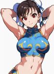  1girl armpits arms_behind_head arms_up bangs breasts brown_eyes brown_hair bun_cover china_dress chinese_clothes chun-li collarbone double_bun dress gohika hair_bun large_breasts looking_at_viewer solo spikes street_fighter 