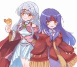  2girls bare_shoulders bird bird_on_hand cape closed_mouth commentary dress fire_emblem fire_emblem:_radiant_dawn headband long_hair long_sleeves micaiah_(fire_emblem) multiple_girls open_mouth parted_bangs purple_hair red_headband rortyfe sanaki_kirsch_altina siblings sisters sleeves_past_fingers sleeves_past_wrists smile white_background white_hair yellow_eyes yune_(fire_emblem) 