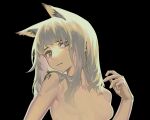  1girl absurdres animal_ear_fluff animal_ears arknights black_background breasts commentary_request grey_eyes grey_hair hand_up highres kal&#039;tsit_(arknights) long_hair no_nipples nude parted_lips simple_background small_breasts solo stay-strange upper_body 